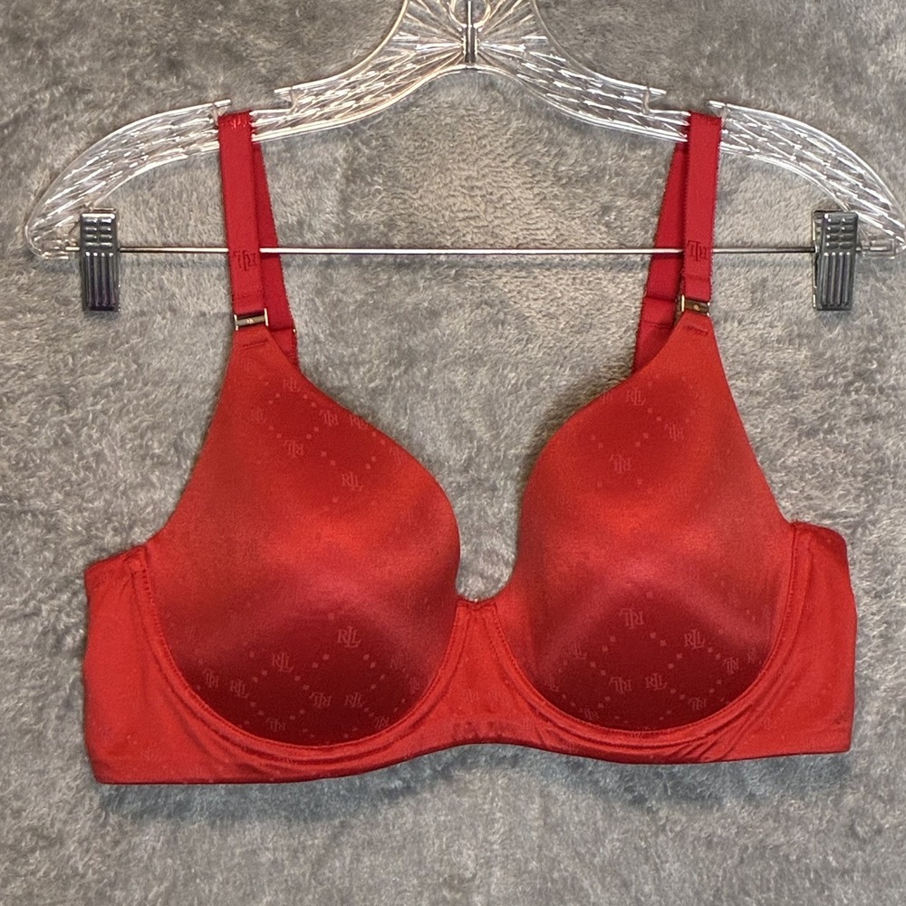 Lauren Ralph Lauren Womens Red Satin Lightly Lined T Shirt Bra 38D Logo Diamond